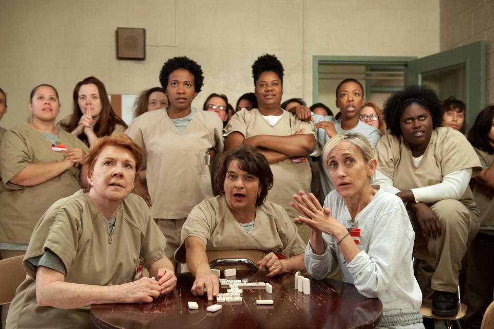Beth Fowler, Vicky Jeudy, Lin Tucci, Adrienne Moore, Constance Shulman, Samira Wiley and Daneille Brooks in season 3 of Netflix's "Orange is the New Black."