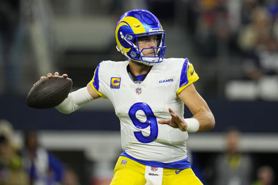 Los Angeles Rams quarterback Matthew Stafford throws a pass during the first half of an NFL football game against the Dallas Cowboys Sunday, Oct. 29, 2023, in Arlington, Texas. (AP Photo/Julio Cortez)