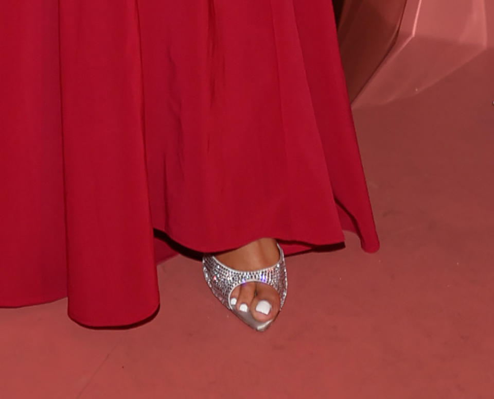 Jordyn Woods, kitten heels, rhinestone, sheer.