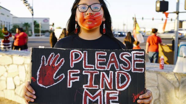 PHOTO: Members of several indigenous nations and community activists protest and bring awareness to the innattention to the high number of indigenous women who are murdered and missing, near Yuma, Ariz., May 6, 2022. (Anadolu Agency via Getty Images, FILE)