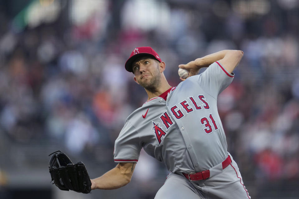 Los Angeles Angels pitcher Tyler Anderson throws to a San Francisco Giants batter during the first inning of a baseball game Friday, June 14, 2024, in San Francisco. (AP Photo/Godofredo A. Vásquez)