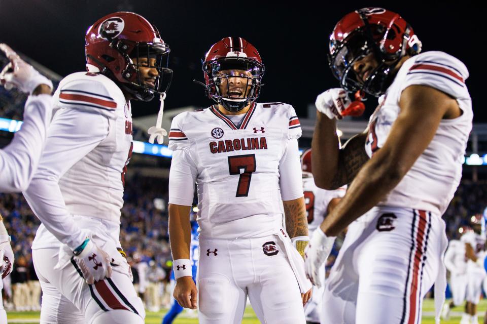 Oct 8, 2022; Lexington, Kentucky; South Carolina Gamecocks wide receiver Antwane Wells Jr. (3) celebrates with quarterback Spencer Rattler (7) after scoring a touchdown against the Kentucky Wildcats during the third quarter at Kroger Field. Jordan Prather-USA TODAY Sports