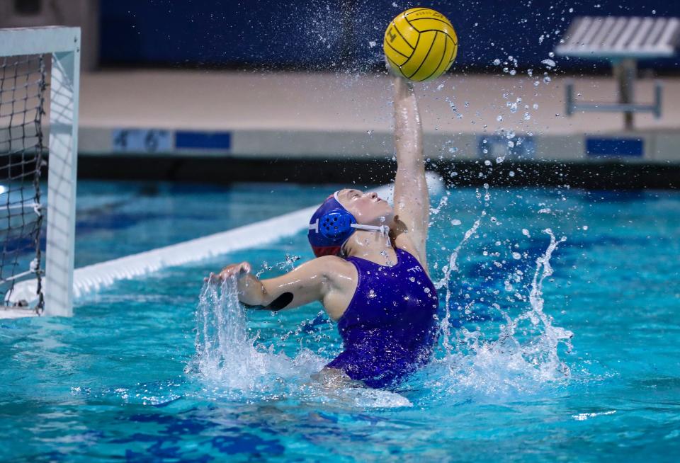 Indio goalie Alyssa Guenther (1) stops a shot as the clock runs out in their CIF-SS Division 6 semifinal game in Indio, Calif., Wednesday, Feb. 14, 2024.