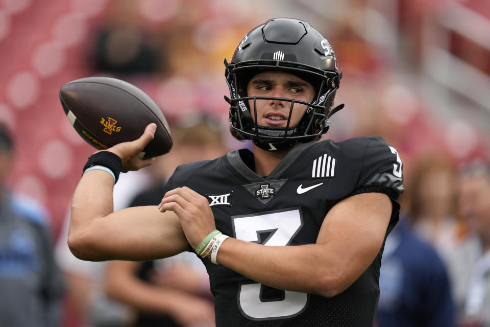 Iowa State quarterback Rocco Becht warms up before an NCAA college football game against Oklahoma State, Saturday, Sept. 23, 2023, in Ames, Iowa. (AP Photo/Charlie Neibergall)
