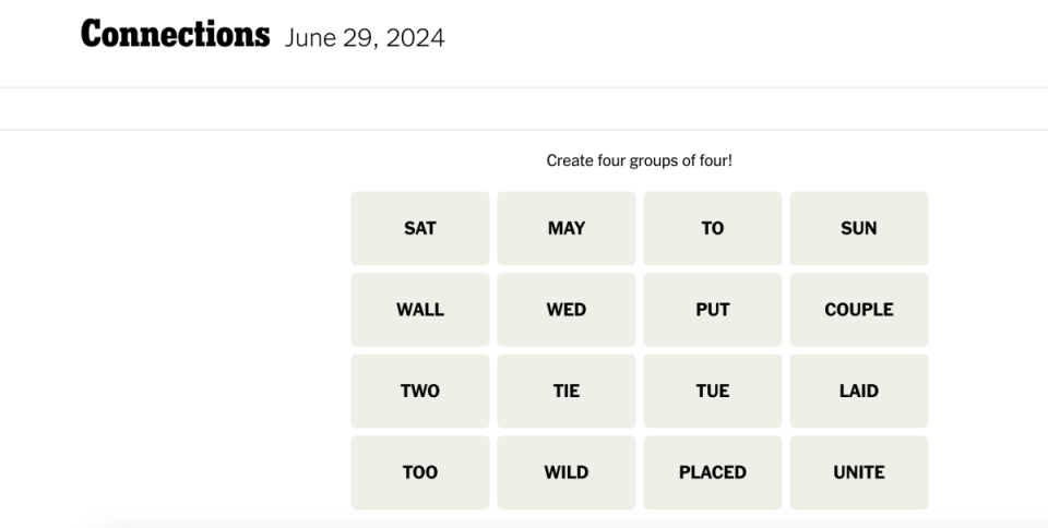 <em>Today's NYT Connections puzzle for Saturday, June 29,</em><em> 2024</em><p>New York Times</p>