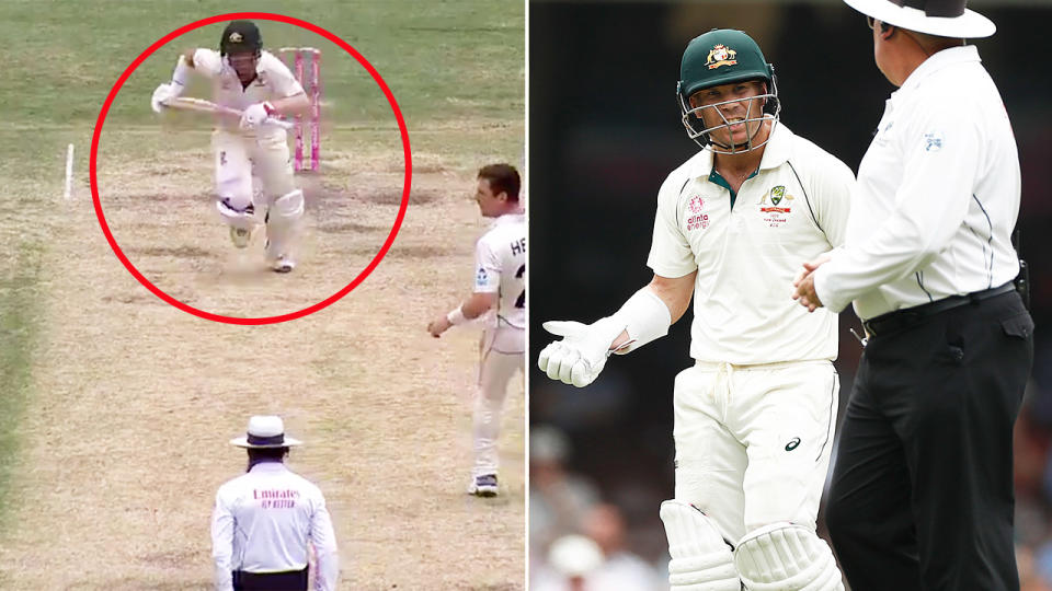 David Warner running across the pitch after a shot and then confronting Umpire Aleem Dar after he docked Australia five runs.