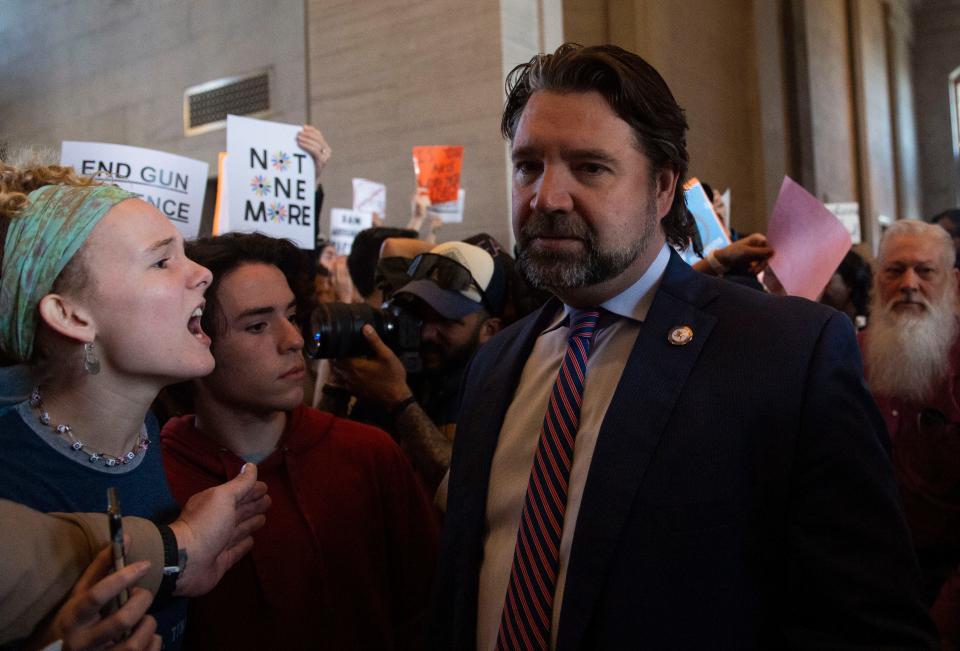 Protesters fill the capitol building as representatives make their way towards the House chamber doors at the State Capitol Building  in Nashville , Tenn., Thursday, March 30, 2023.