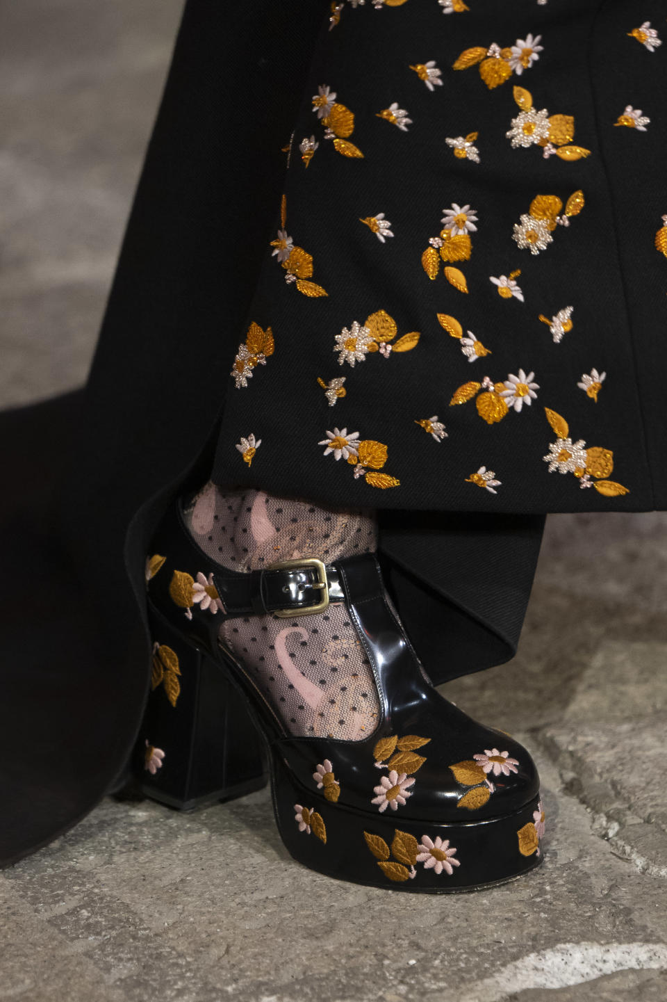 Embroidered t-strap platforms and a matching dress at Etro fall winter ’23. - Credit: Gamma-Rapho via Getty Images