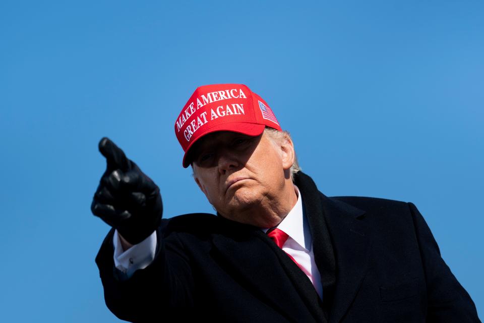 President Donald Trump leaves after speaking during a Make America Great Again rally on Nov. 2, 2020, in Fayetteville, NC.