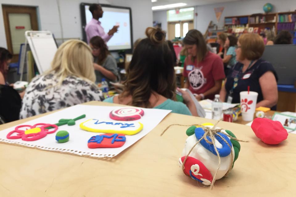 MCPS teachers participate in a professional development session led by representatives from craft supplies manufacturer Crayola at Brown Elementary School in Columbia, Tenn., on Thursday, Aug. 2, 2018. 