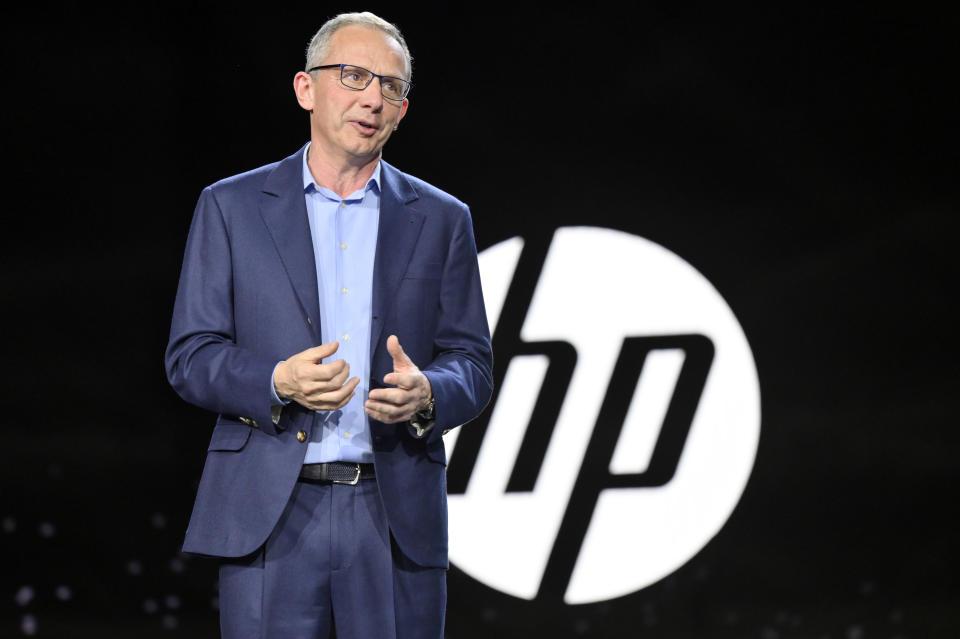 LAS VEGAS, NEVADA - JANUARY 04: HP President and CEO Enrique Lores speaks during a keynote address at CES 2023 at The Venetian Las Vegas on January 04, 2023 in Las Vegas, Nevada. CES, the world's largest annual consumer technology trade show, runs from January 5-8 and features about 3,100 exhibitors showing off their latest products and services to more than 100,000 attendees.  (Photo by David Becker/Getty Images)
