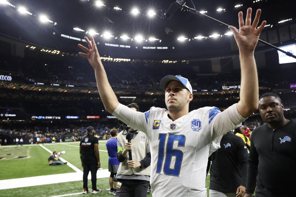 Detroit Lions quarterback Jared Goff acknowledges the fans after an NFL football game against the New Orleans Saints, Sunday, Dec. 3, 2023, in New Orleans. Detroit won 33-28. (AP Photo/Butch Dill)