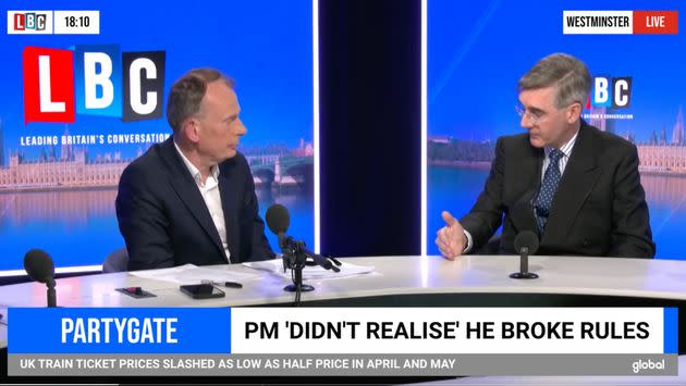 Government minister Jacob Rees-Mogg appeared on Tonight with Andrew Marr on the day Boris Johnson apologised to parliament for lockdown rule-breaking. (Photo: LBC)
