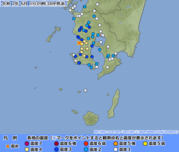 日本九州鹿兒島縣外海今天發生規模4.3地震，在鹿兒島市等地都觀測到震度4搖晃，但沒有海嘯威脅；另外，出現震度3的川內核電廠，也無異常。(圖片取自日本氣象廳)