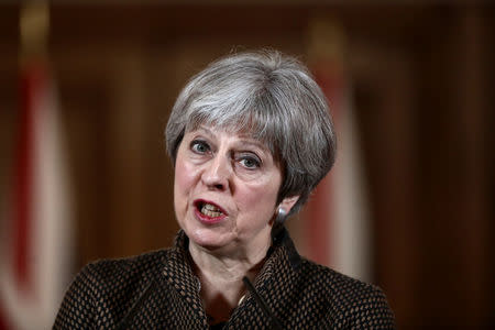 Britain's Prime Minister Theresa May attends a press conference in 10 Downing Street, London, April 14, 2018. REUTERS/Simon Dawson/Pool