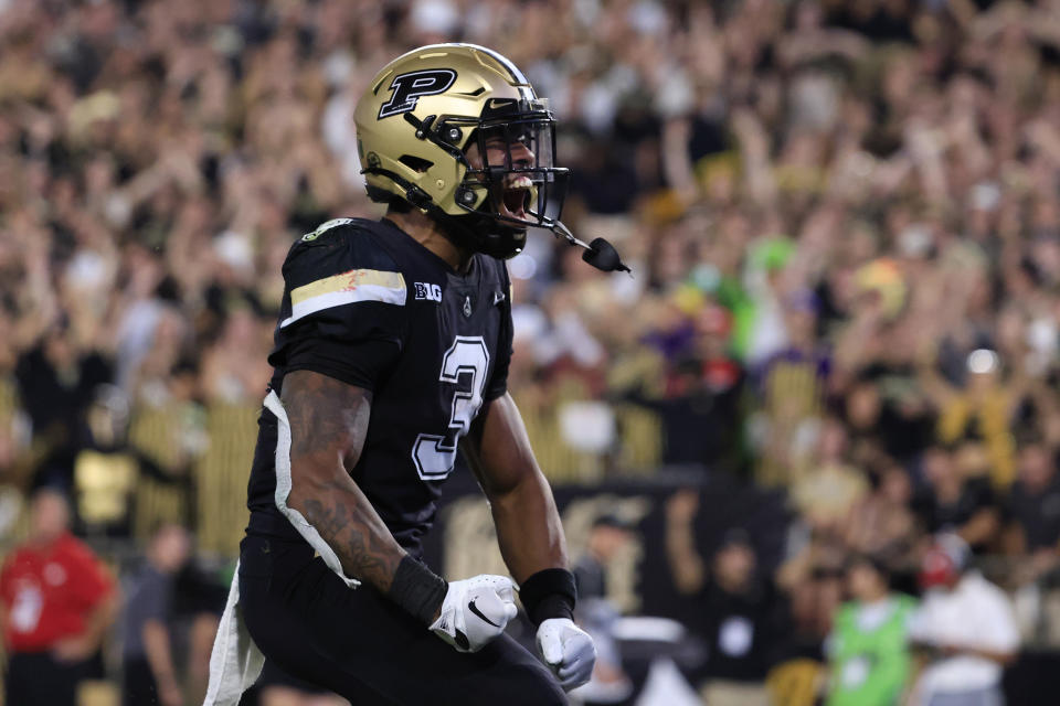 WEST LAFAYETTE, INDIANA – SEPTEMBER 22: Tyrone Tracy Jr. #3 of the Purdue Boilermakers reacts after a first down during the second half of the game against the <a class="link " href="https://sports.yahoo.com/ncaaf/teams/wisconsin/" data-i13n="sec:content-canvas;subsec:anchor_text;elm:context_link" data-ylk="slk:Wisconsin Badgers;sec:content-canvas;subsec:anchor_text;elm:context_link;itc:0">Wisconsin Badgers</a> at Ross-Ade Stadium on September 22, 2023 in West Lafayette, Indiana. (Photo by Justin Casterline/Getty Images)