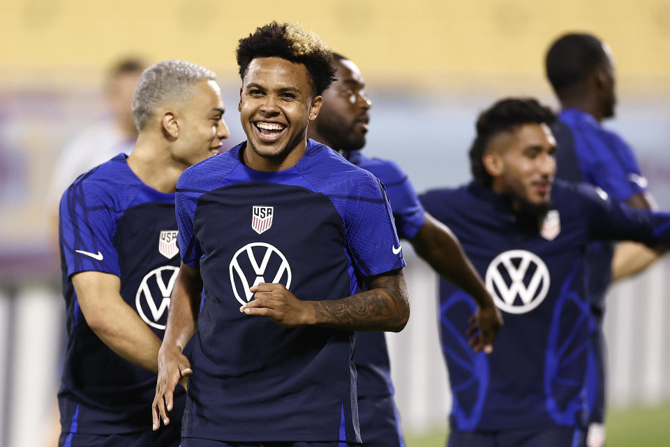 DOHA, QATAR - NOVEMBER 19: Weston McKennie of United States reacts during the United States Training and Press Conference at Al Gharafa SC Stadium on November 19, 2022 in Doha, Qatar. (Photo by Tim Nwachukwu/Getty Images)