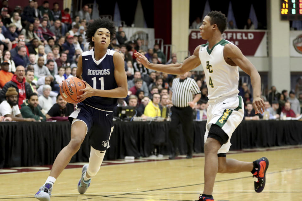 Norcross' Brandon Boston #11 in action against Roselle Catholic during a high school basketball game at the Hoophall Classic, Saturday, January 19, 2019, in Springfield, MA. (AP Photo/Gregory Payan)