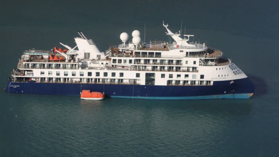 The Ocean Explorer ship ran aground, in Alpefjord, Greenland, with 206 passengers and crew members onboard. - Danish Air Force/Arctic Command/Reuters