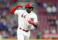 Cincinnati Reds' Aristides Aquino runs the bases after his two-run home run against the Chicago Cubs during the sixth inning of a baseball game in Cincinnati, Monday, May 23, 2022. (AP Photo/Paul Vernon)
