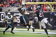 Carolina Panthers defensive back Ross Cockrell (47) makes interception against the Houston Texans during the first half of an NFL football game Sunday, Sept. 29, 2019, in Houston. (AP Photo/Eric Christian Smith)