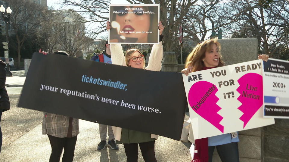 Last month Taylor Swift fans protested against Ticketmaster and its parent company, Live Nation Entertainment, in Washington, D.C. / Credit: CBS News