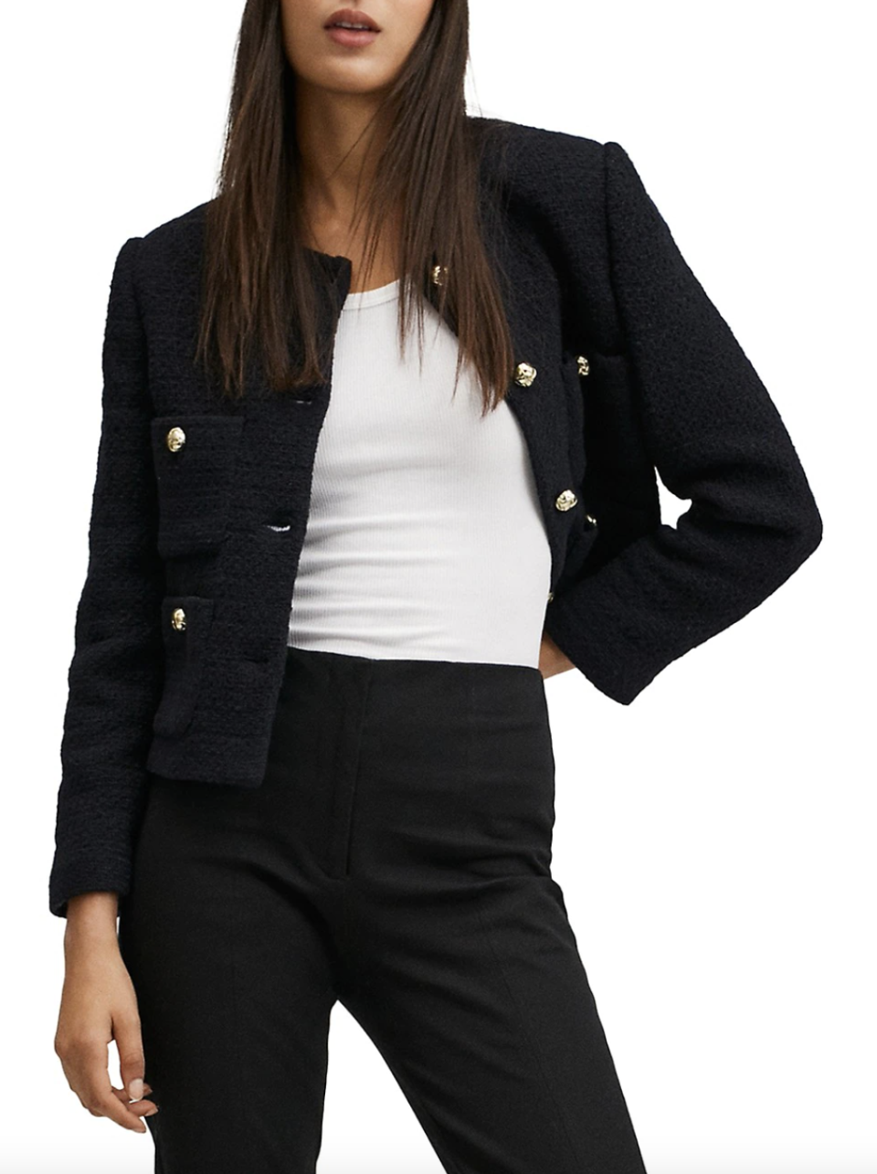 brunette model in black pants, white t-shirt and black Mango Pocket-Detail Tweed Jacket (Photo via The Bay)