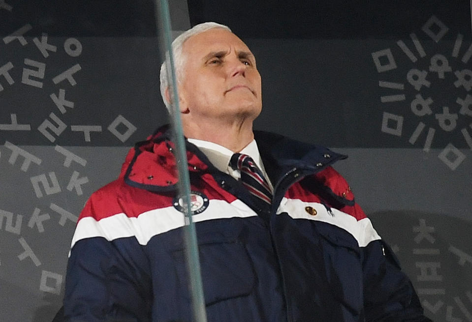 <p>Mike Pence looks on during the Opening Ceremony of the PyeongChang 2018 Winter Olympic Games at PyeongChang Olympic Stadium on February 9, 2018 in Pyeongchang-gun, South Korea. (Photo by Matthias Hangst/Getty Images) </p>