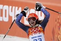 Julia Mancuso of the U.S. reacts in the finish area after competing in the slalom run of the women's alpine skiing super combined event during the 2014 Sochi Winter Olympics at th Rosa Khutor Alpine Center February 10, 2014. REUTERS/Leonhard Foeger (RUSSIA - Tags: OLYMPICS SPORT SKIING)