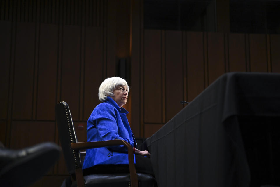 Treasury Secretary Janet Yellen appears before a Senate Banking, Housing and Urban Affairs Committee hearing on the CARES Act on Capitol Hill, Tuesday, Sept. 28, 2021 in Washington. (Matt McClain/The Washington Post via AP, Pool)