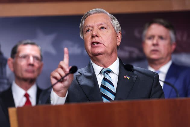 Sen. Lindsey Graham (R-S.C.), joined by Sen. John Barrasso (R-Wyo.), left, and Sen. Roger Marshall (R-Kan.), speaks a press conference at the U.S. Capitol on Friday. (Photo: Kevin Dietsch via Getty Images)