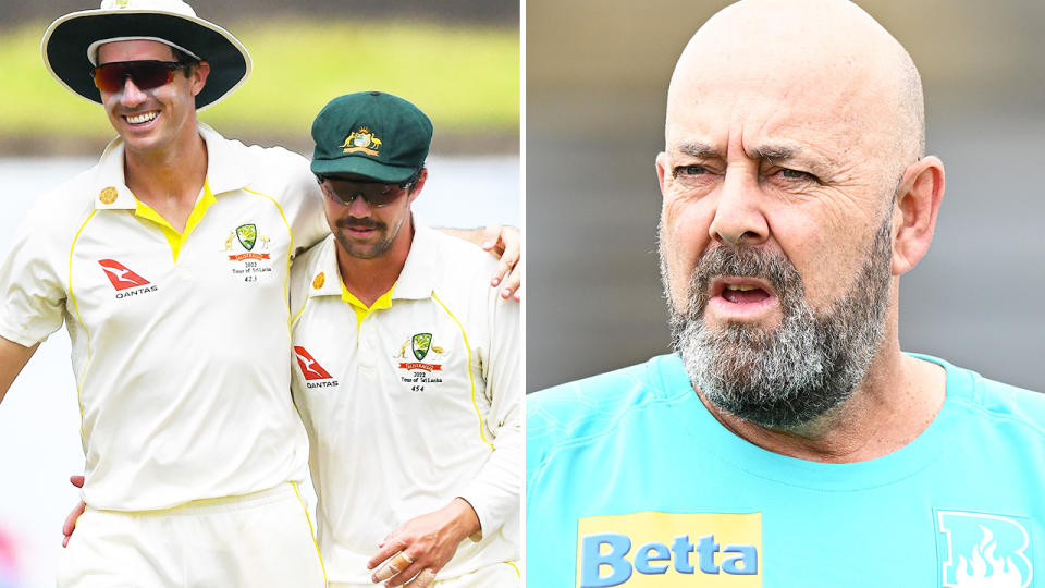 Darren Lehmann, pictured here alongside Pat Cummins and Travis Head.