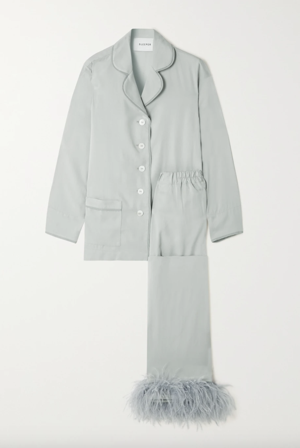 Feather-Trimmed Crepe de Chine Pajama Set