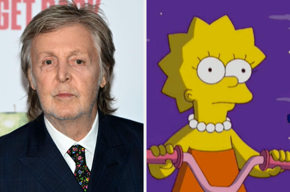 Paul McCartney at an event; Lisa Simpson riding a bike