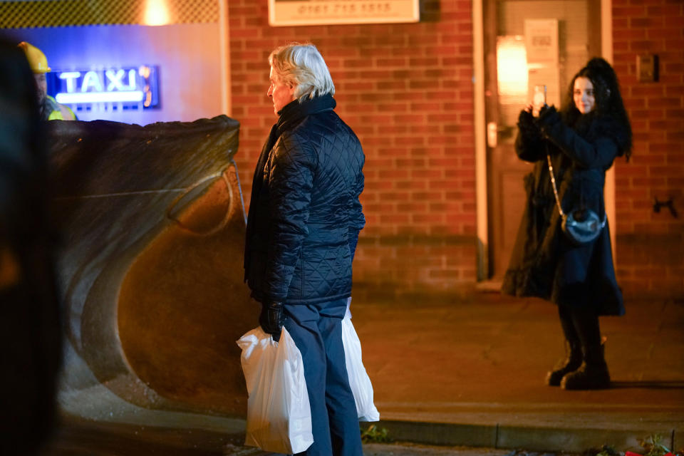 As Ken Barlow stands in the bulldozer's path Abi Franklin , jumps into the cab of the digger (ITV/Photographer - Danielle Baguley)