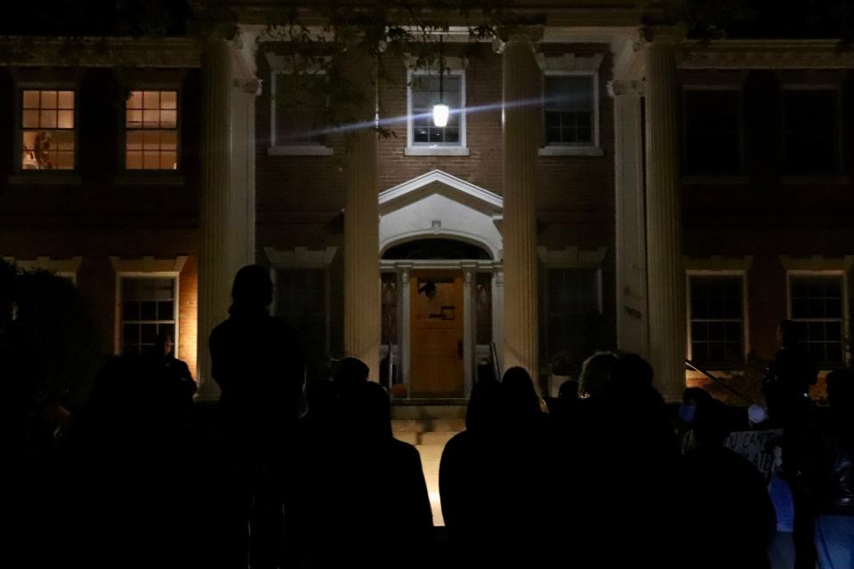 Protesters marched to the University of Iowa President's Residence, home of Barbara Wilson, to voice their concerns with the university welcoming Chloe Cole and other speakers on Monday, Oct. 16, 2023.