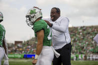 Marshall head coach Charles Huff celebrates with running back Ethan Payne after his score against Norfolk State during an NCAA football game on Saturday, Sept. 3, 2022, at Joan C. Edwards Stadium in Huntington, W.Va.(Sholten Singer/The Herald-Dispatch via AP)