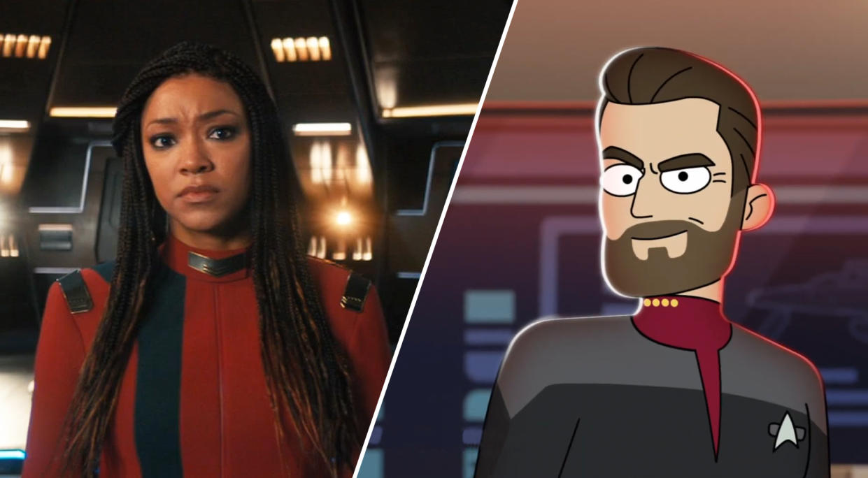  Split image showing Captain Burnham from Star Trek Discovery (left) and Captain Riker from Star Trek: Lower Decks (right) 