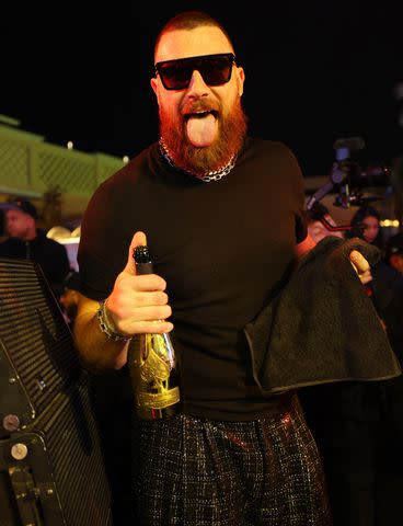 <p>Danny Mahoney</p> Travis Kelce at XS Nightclub after the 2024 Super Bowl.