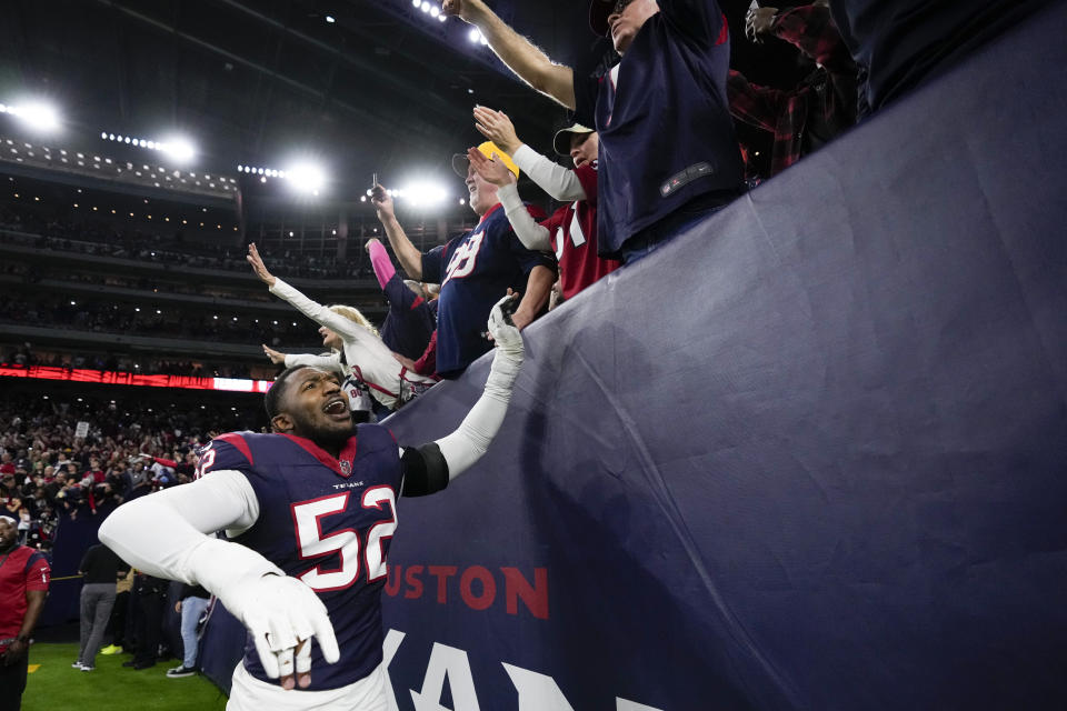 Houston Texans defensive end Jonathan Greenard celebrates after their win against the Cleveland Browns in an NFL wild-card playoff football game Saturday, Jan. 13, 2024, in Houston.(AP Photo/Eric Christian Smith)