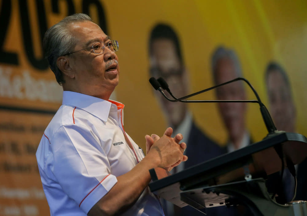 Prime Minister Tan Sri Muhyiddin Yassin speaks during the national level 2020 Felda Settlers Day at the Felda Mara Junior Science College (MRSM) Tun Abdul Razak Campus in Trolak July 7, 2020. — Picture by Farhan Najib