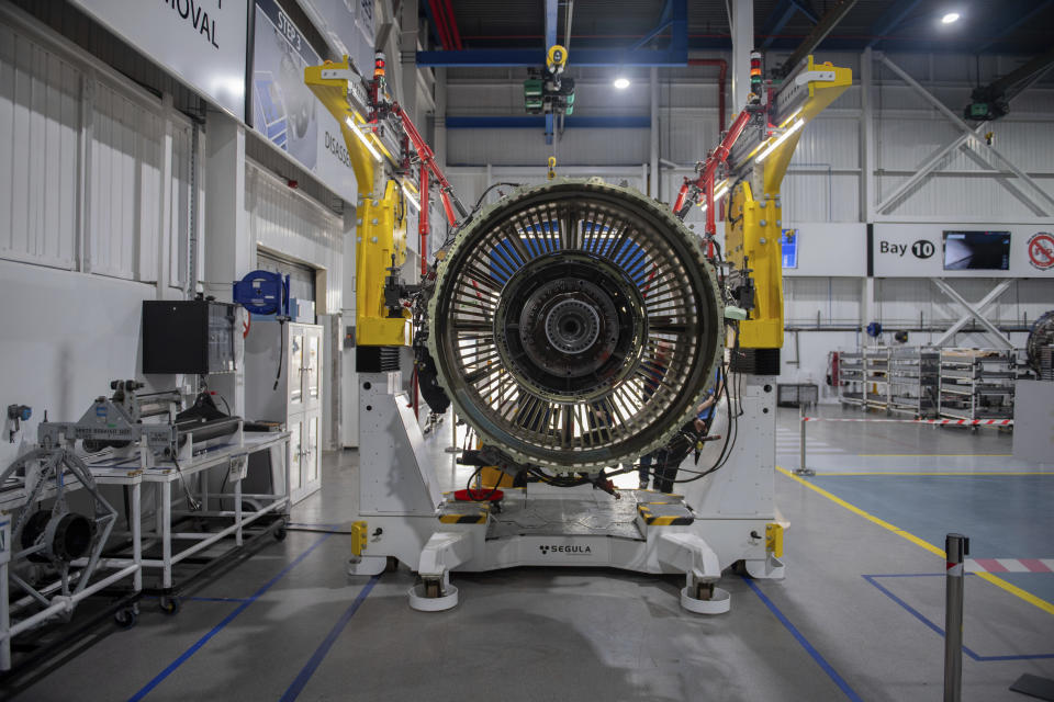 Aircraft parts are placed for repair inside Safran Aircraft Engines repair plant outside of Casablanca, Morocco, Thursday, April 18, 2024. Moroccan officials are aiming to turn the country into an aerospace hub, luring investors and manufacturers who have aimed to spread out their supply chains and find willing workers since the COVID-19 pandemic. (AP Photo)