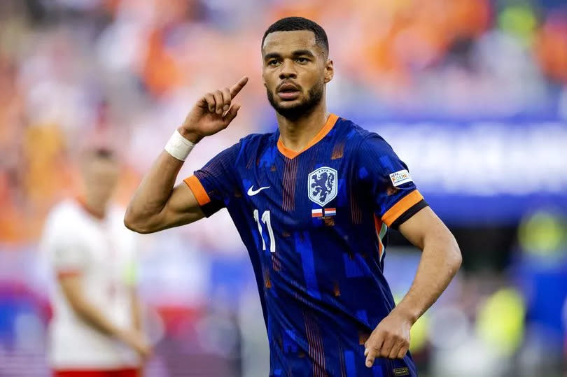 Cody Gakpo celebrates after equalizing for the Netherlands against Poland at Euro 2024