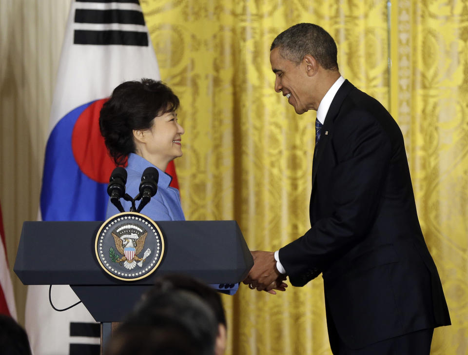 President Barack Obama and South Korea President Park Geun-Hye shake hands at the conclusion of their joint news conference in the East Room of the White House in Washington, Tuesday, May 7, 2013.