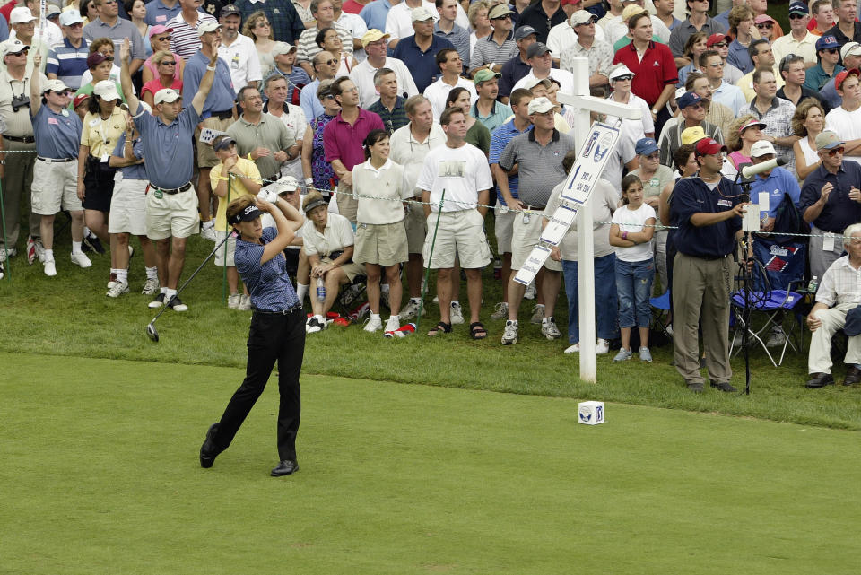 ST. LOUIS – JULY 24: Suzy Whaley tees off on the first hole of the Greater Hartford Open on July 24, 2003. Whaley is the first woman to qualify for the Greater Hartford Open. (Photo by Elsa/Getty Images)