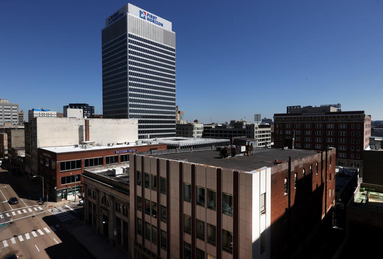 The First Horizon building Downtown Memphis, Tenn. Monday, Feb. 28, 2021. Canadian lender Toronto-Dominion Bank Group is set to buy the Tennessee headquartered operations of First Horizon Corporation. 