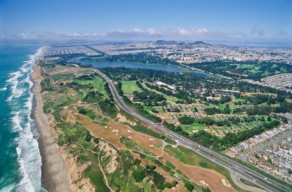 Aerial view of a golf course in San Francisco, California.