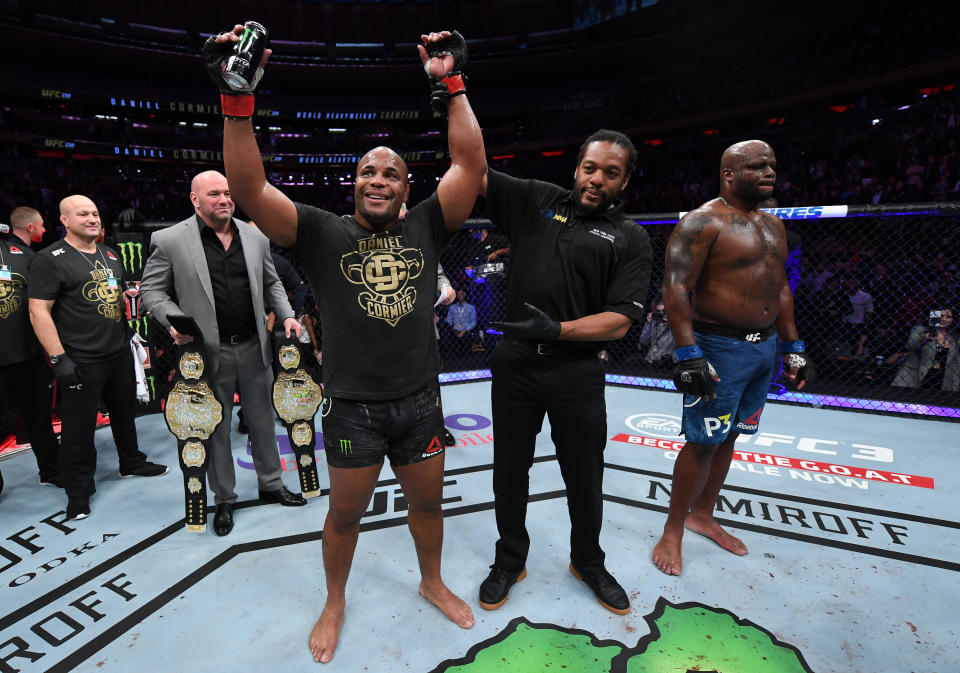 Daniel Cormier celebrates after his submission victory over Derrick Lewis in their UFC heavyweight championship bout during the UFC 230 event inside Madison Square Garden on November 3, 2018 in New York, New York. (Getty Images)