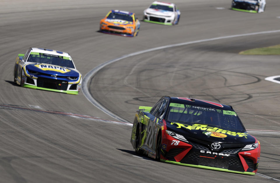 Martin Truex Jr. (78) drives during a NASCAR Cup Series auto race Sunday, Sept. 16, 2018, in Las Vegas. (AP Photo/Isaac Brekken)