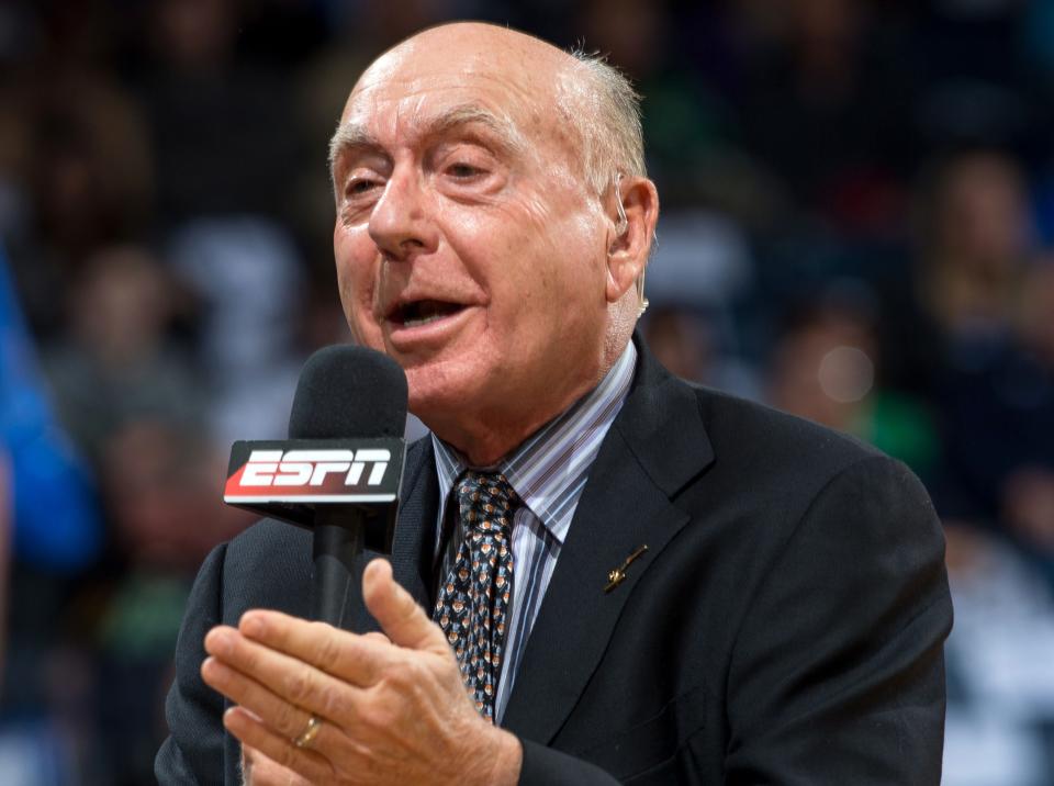 ESPN analyst Dick Vitale breaks down a college basketball matchup between Notre Dame and Duke in 2015. The former coach began his broadcasting career with ESPN in 1979.